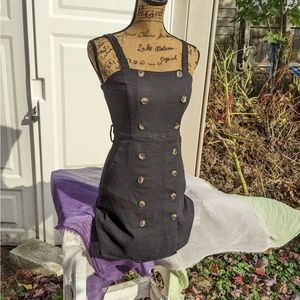 Black Buttoned Sleeveless Preppy Size S Stretchy Tunic Dress with Pockets